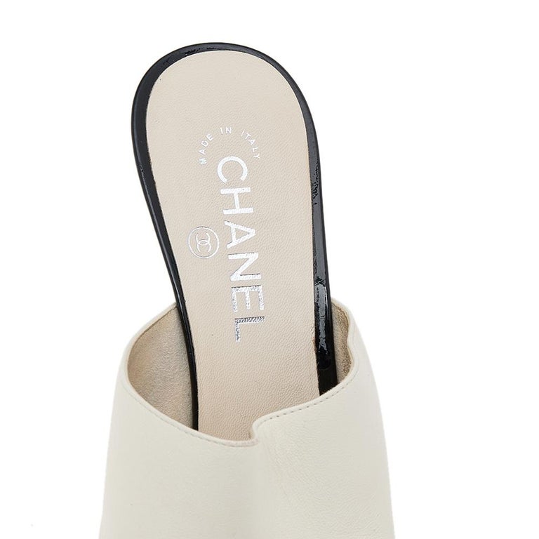 CHANEL, Shoes, Chanel White Leather Mules Gold Wooden Cc 399 Italy Heels  Slipon Slides Clogs
