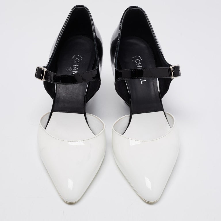 Chanel White/Black Patent Leather CC Mary Jane Wedge Heel Pumps Size 38 at  1stDibs