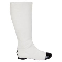 CHANEL white & black PATENT TRIM CALF HAIR Flat Boots Shoes 40