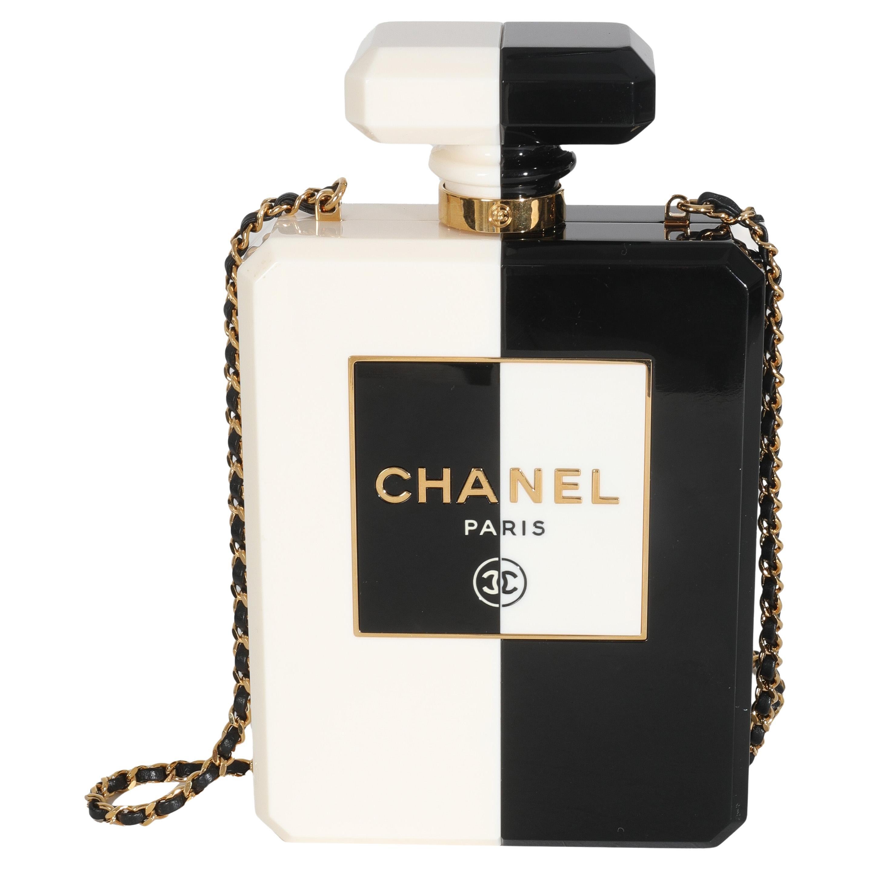 Chanel, flacone di profumo in plexiglass bianco e nero, frizione