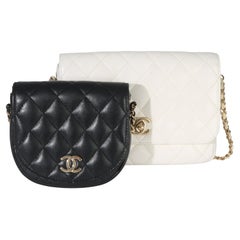 Chanel White Black Quilted Lambskin Small Side Packs Flap Bag