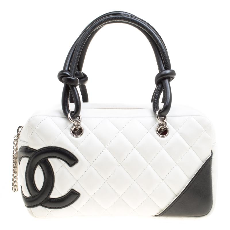 Chanel White/Black Quilted Leather Cambon Ligne Bowler Bag at 1stDibs