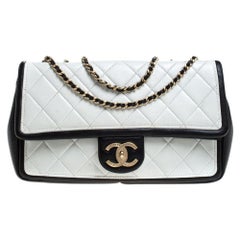 Chanel White/Black Quilted Leather Medium Graphic Flap Bag For