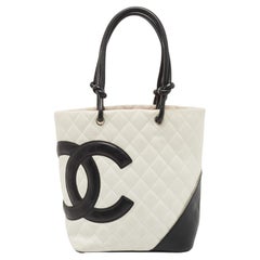 Chanel White/Black Quilted Leather Small Cambon Ligne Tote