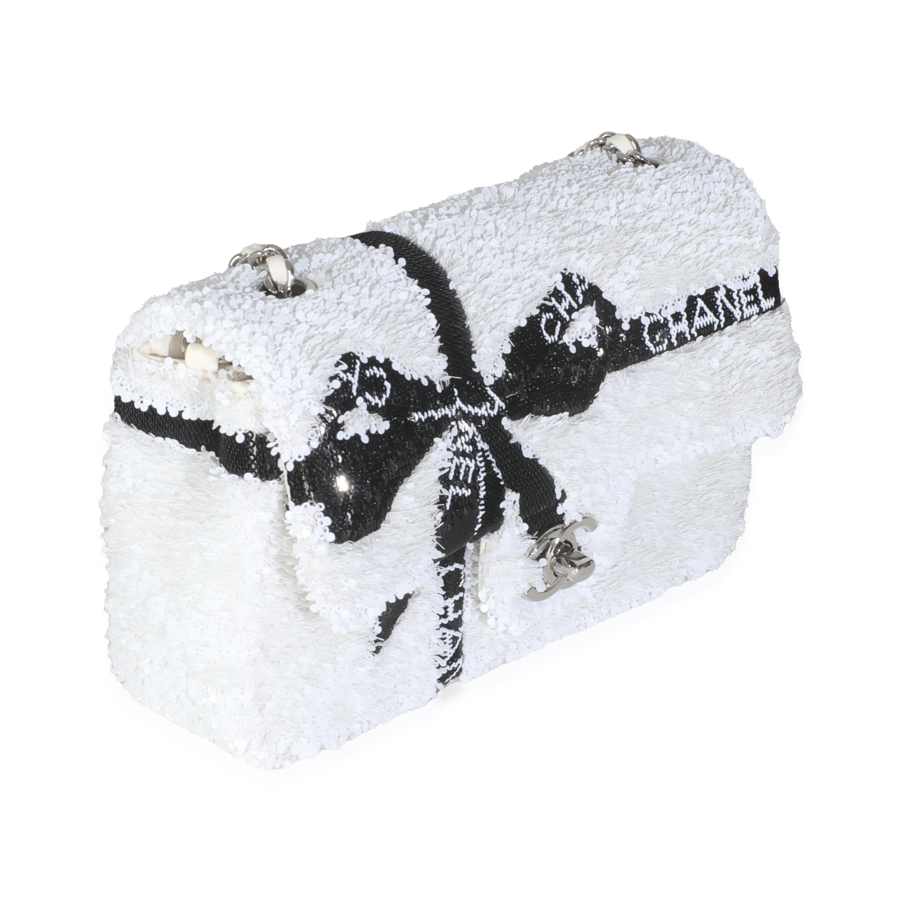 Gray Chanel White Black Sequin Bow Mini Rectangular Flap Bag For Sale