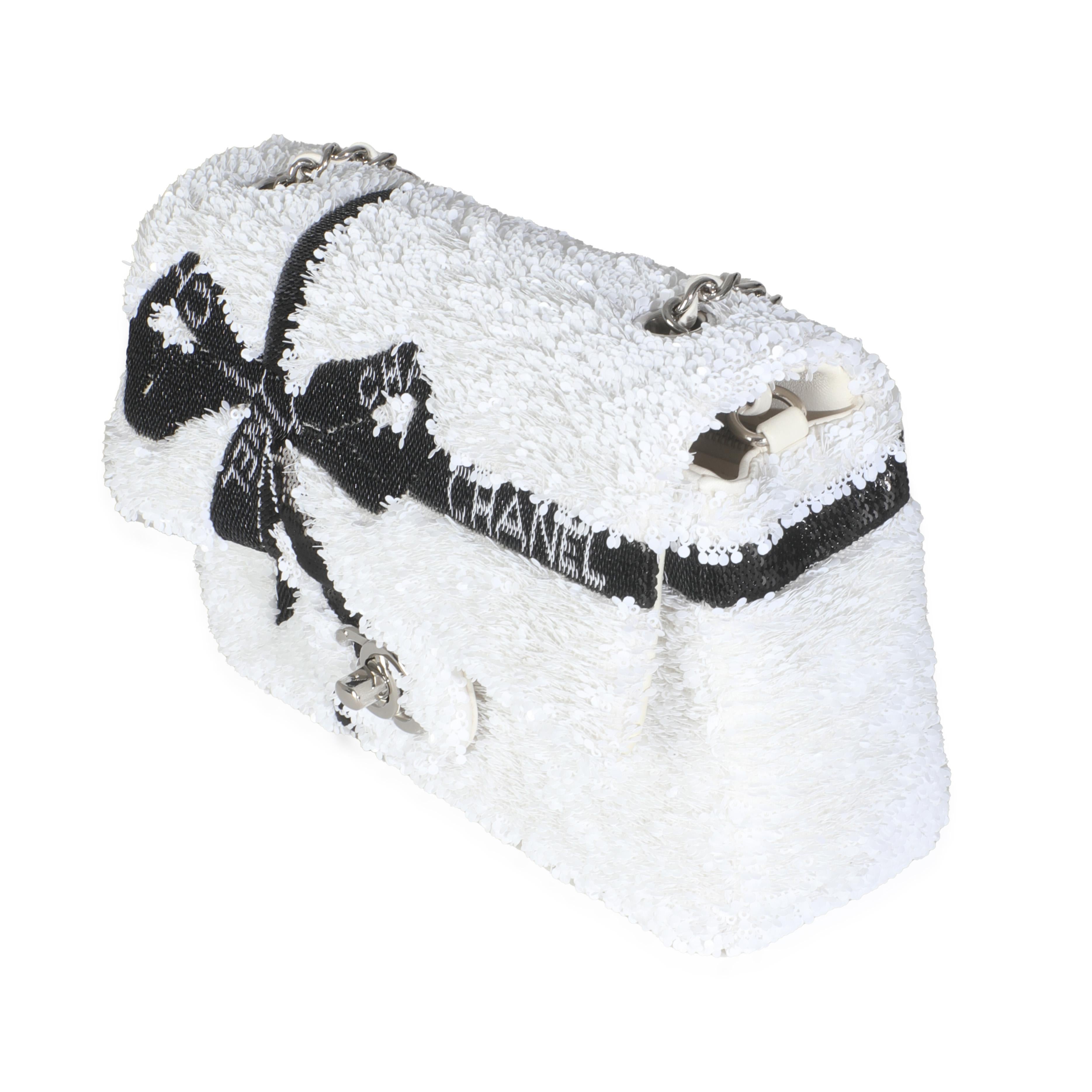 Chanel White Black Sequin Bow Mini Rectangular Flap Bag In Excellent Condition For Sale In New York, NY