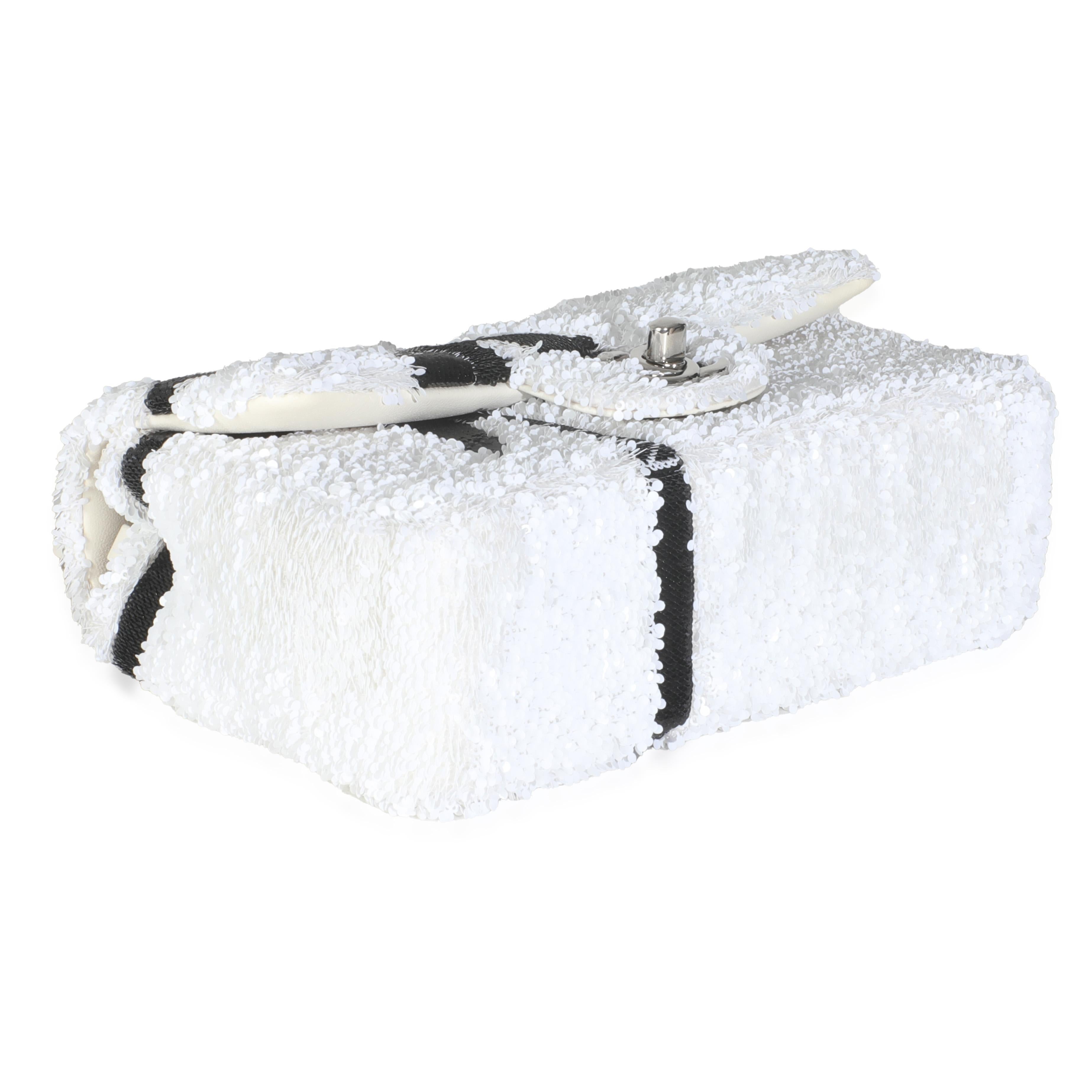 Chanel White Black Sequin Bow Mini Rectangular Flap Bag For Sale 1