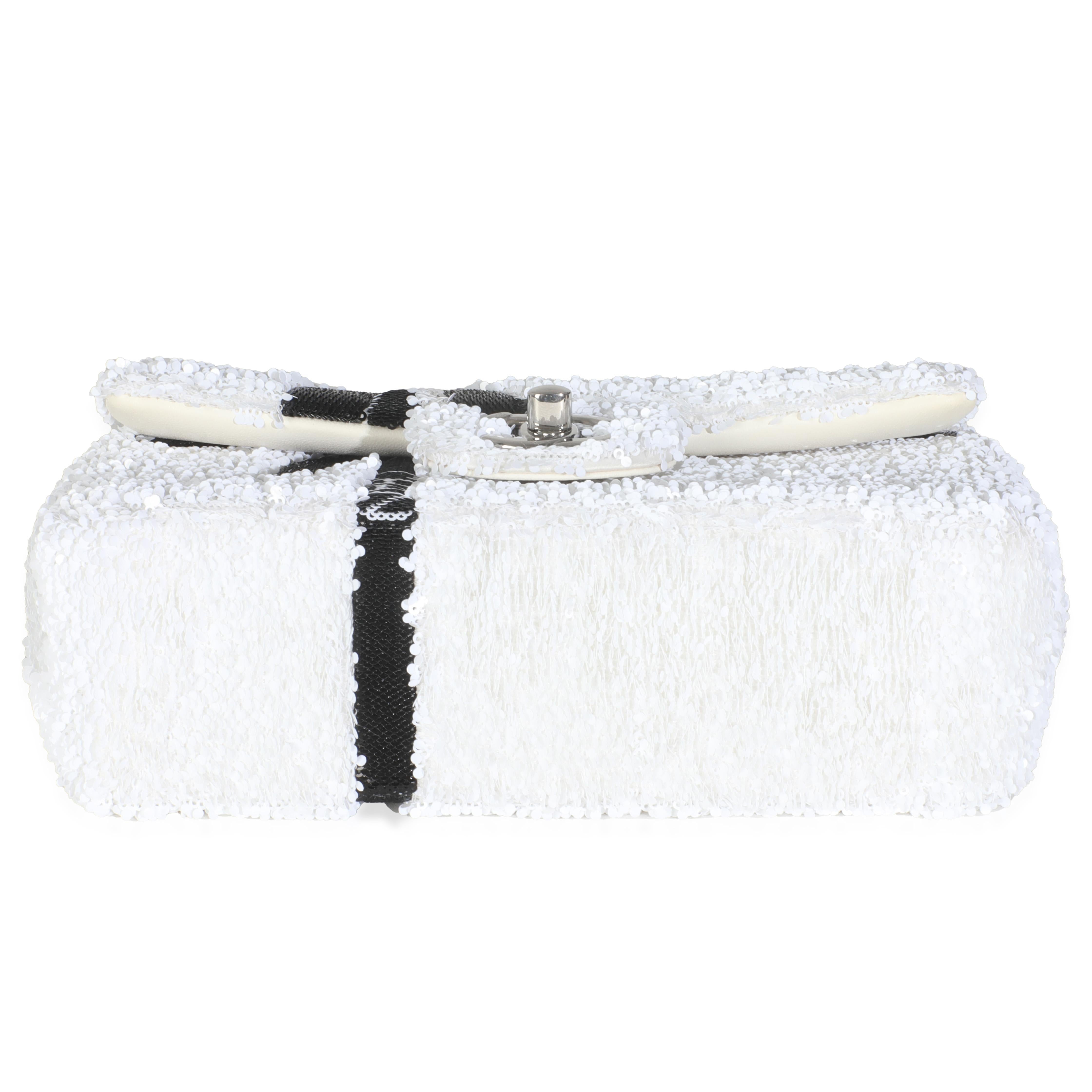 Chanel White Black Sequin Bow Mini Rectangular Flap Bag For Sale 2