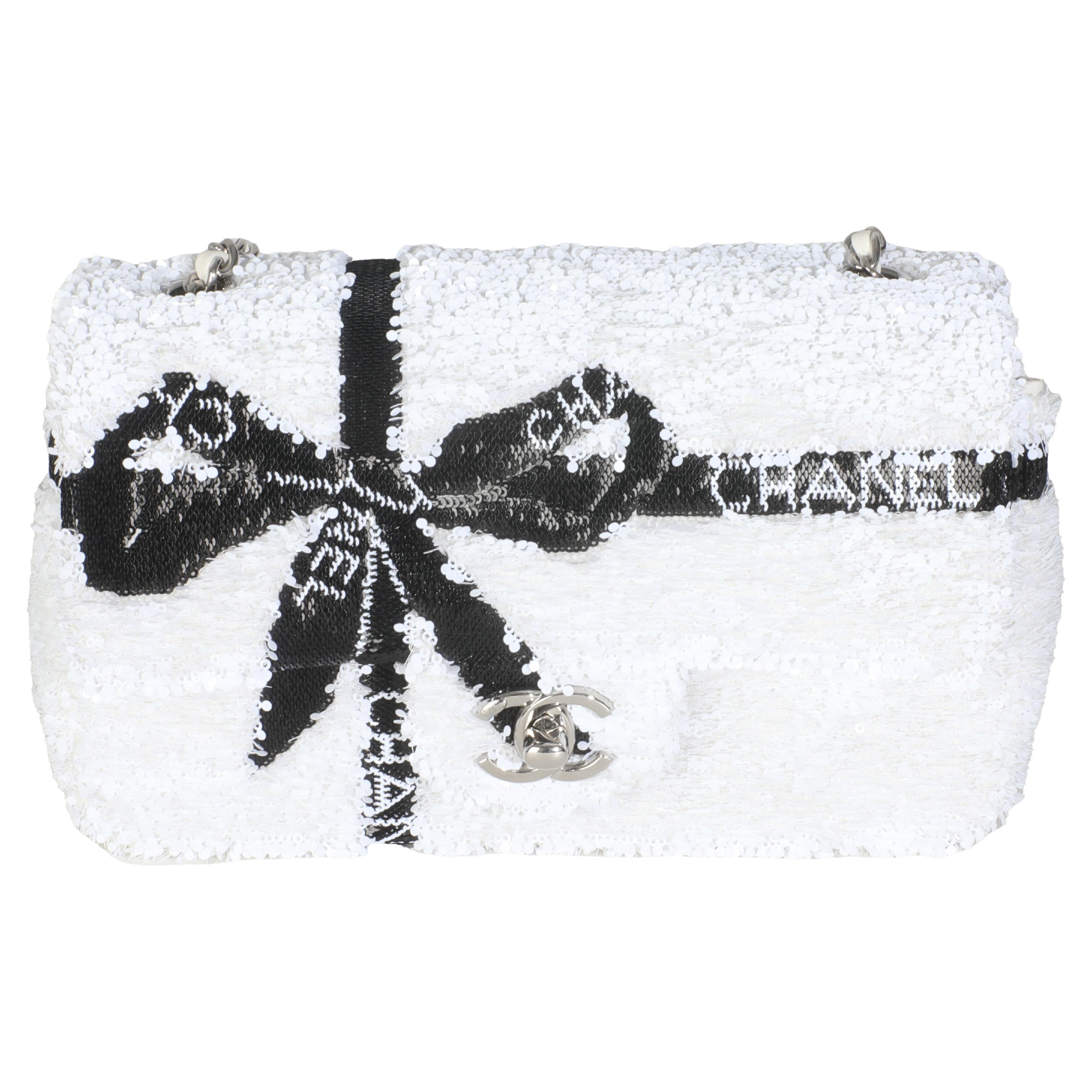 Chanel Blanco Negro Lazo Lentejuelas Mini Bolso Rectangular Solapa