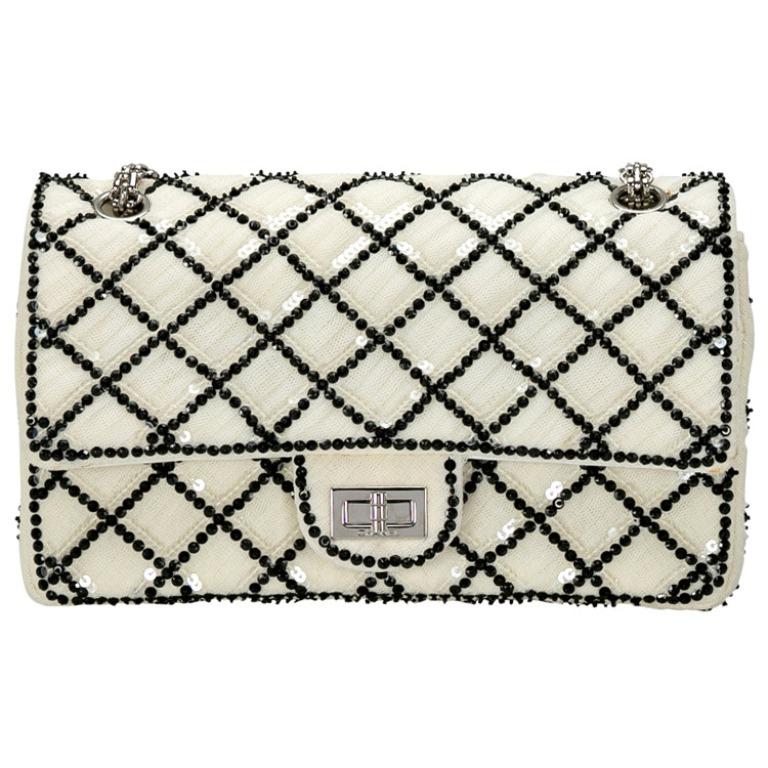 Women's Chanel White/Black Sequinned Mesh Limited Edition 2.55 Reissue Flap Bag