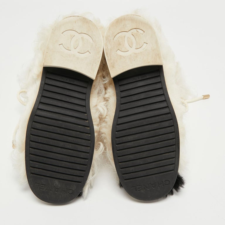 Chanel White/Black Shearling Fur Calf Length Boots Size 38 at 1stDibs