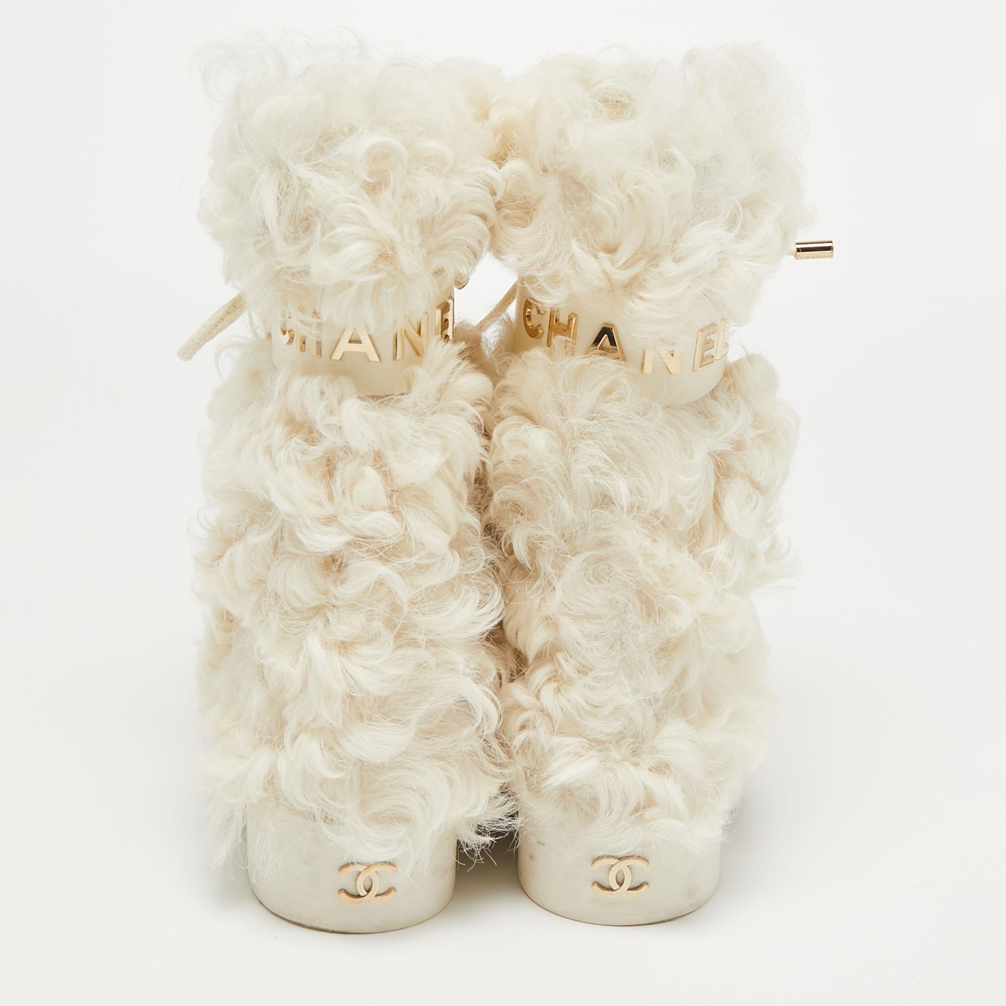 Women's Chanel White/Black Shearling Fur Calf Length Boots Size 38