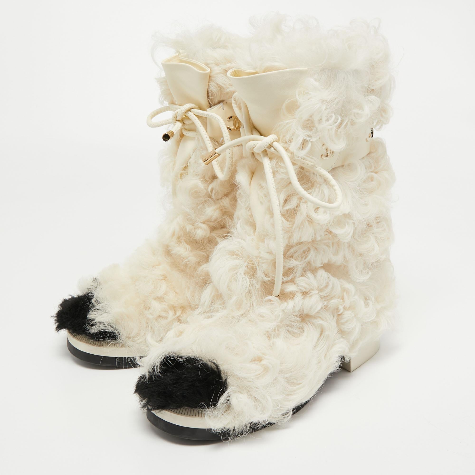 Chanel White/Black Shearling Fur Calf Length Boots Size 38 1