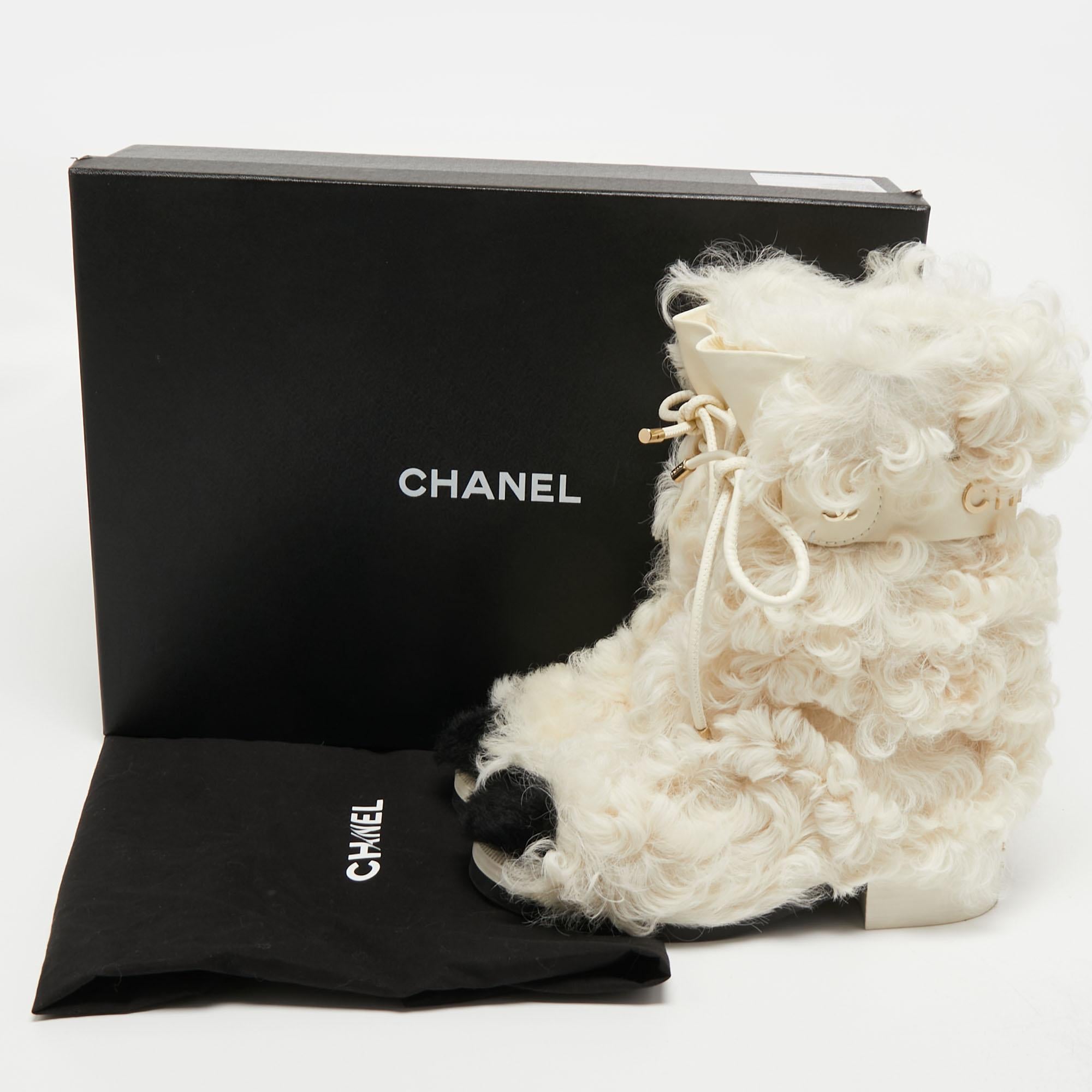 Chanel White/Black Shearling Fur Calf Length Boots Size 38 2