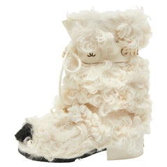 Chanel White/Black Shearling Fur Calf Length Boots Size 38