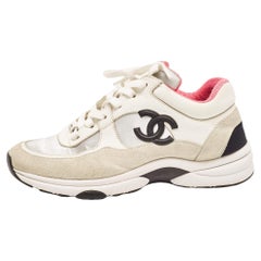 Chanel White/Black Suede and Leather CC Low Top Sneakers Size 36