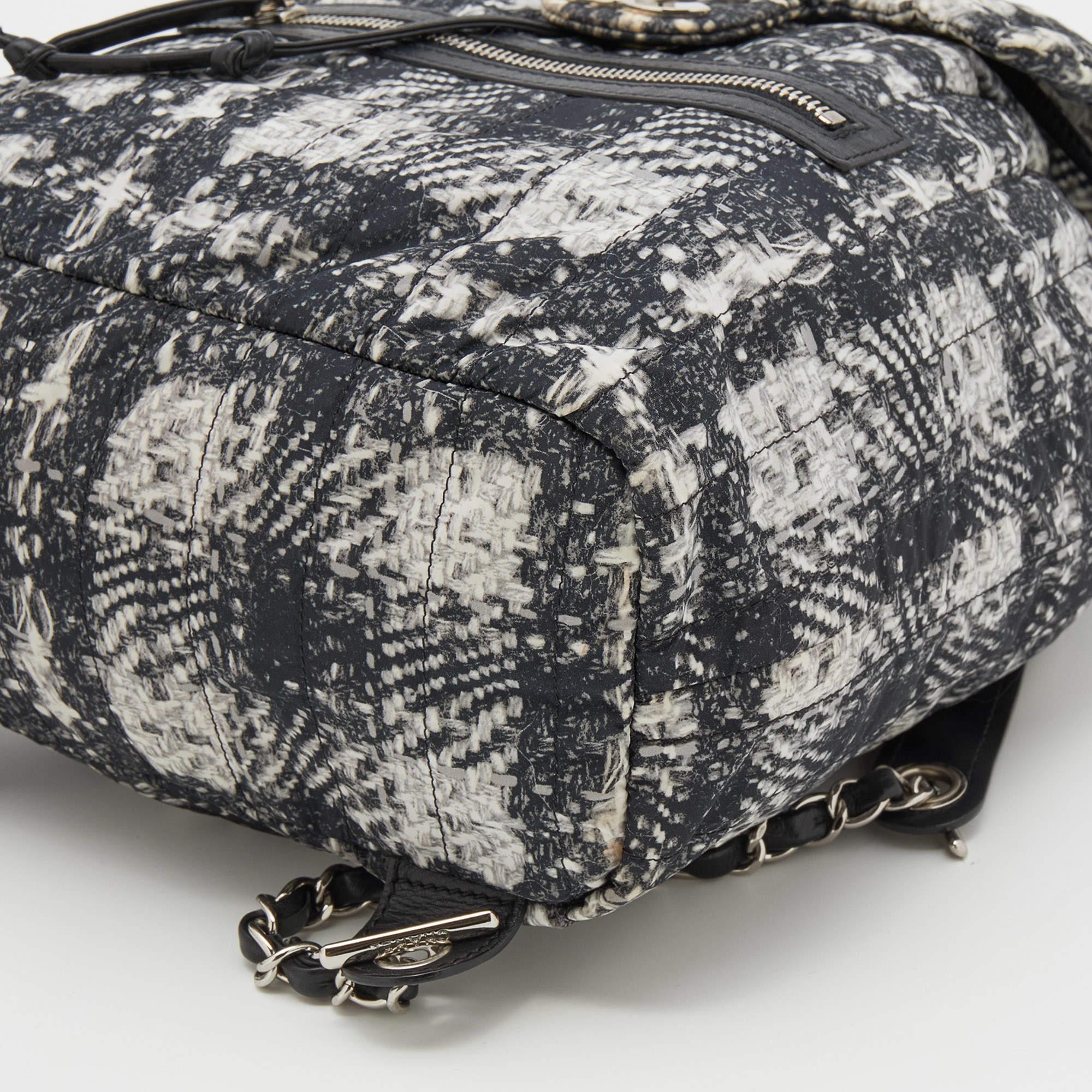 Chanel White/Black Tweed Print Nylon Medium Drawstring Backpack 2