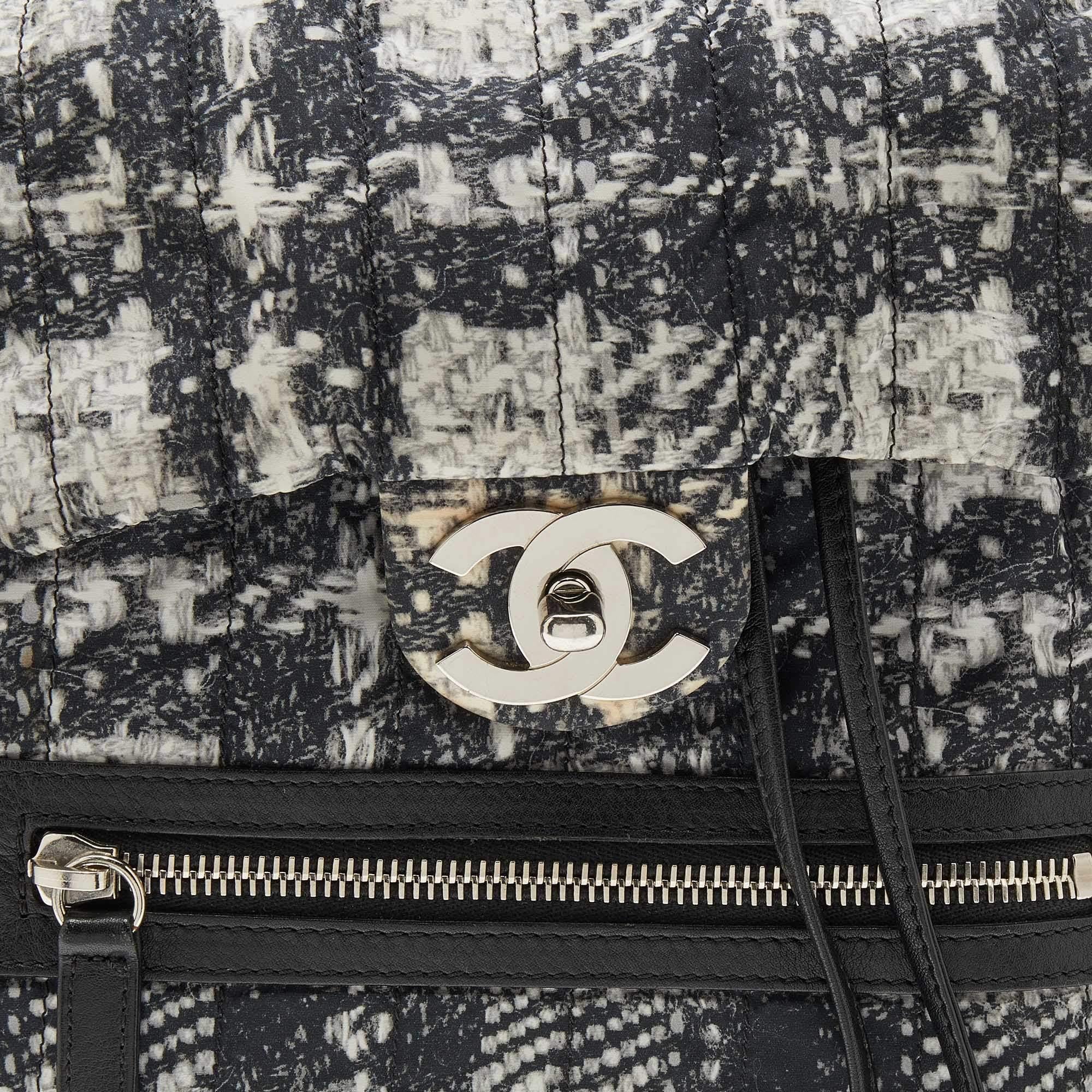 Chanel White/Black Tweed Print Nylon Medium Drawstring Backpack 3