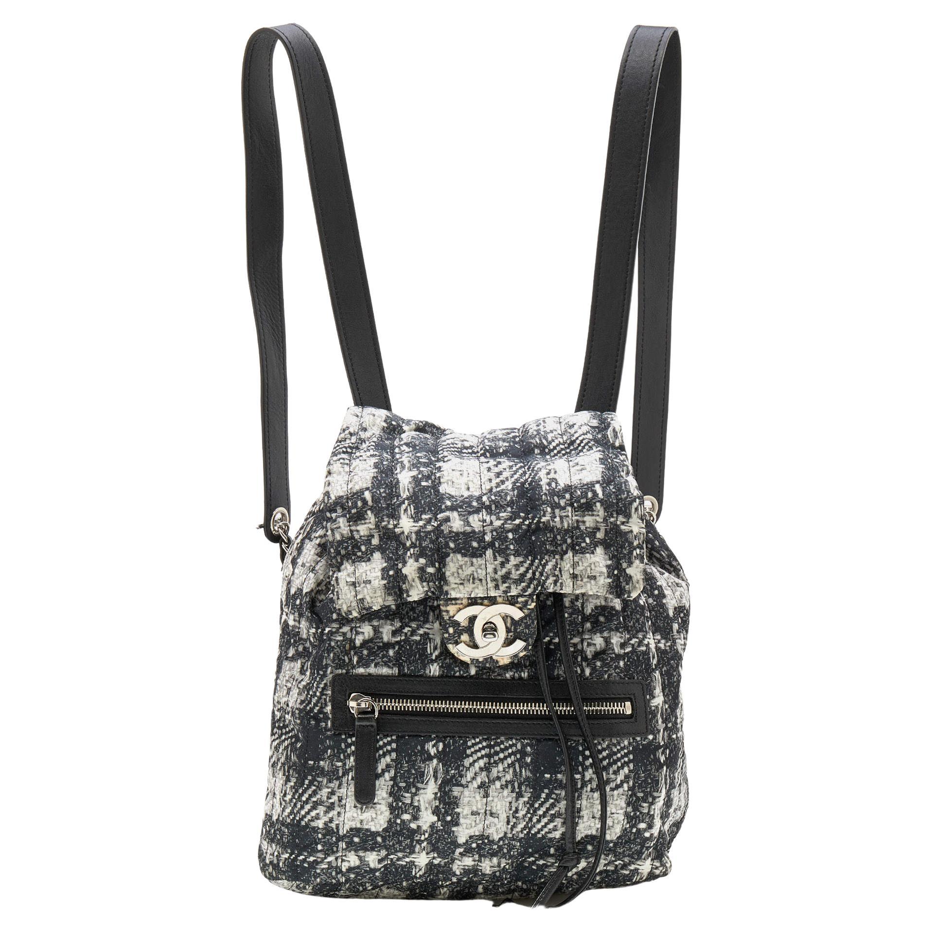 Chanel White/Black Tweed Print Nylon Medium Drawstring Backpack
