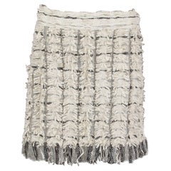 CHANEL white black viscose 2018 LOGO FRINGE MINI Skirt 38 S