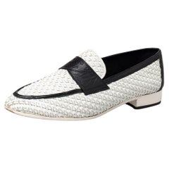 Chanel White/Black Woven Leather Slip On Loafers Size 38