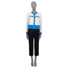 CHANEL white & blue cashmere 2019 19S ICONIC LOGO Cardigan Sweater 38 S