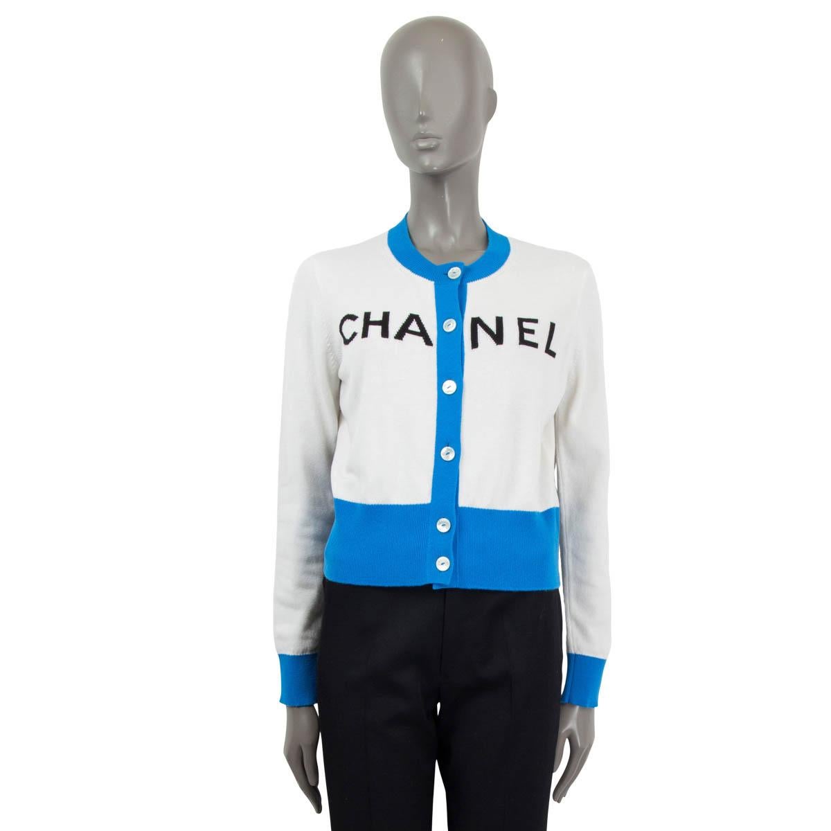 Gray CHANEL white & blue cashmere 2019 19S ICONIC LOGO Cardigan Sweater 38 S For Sale
