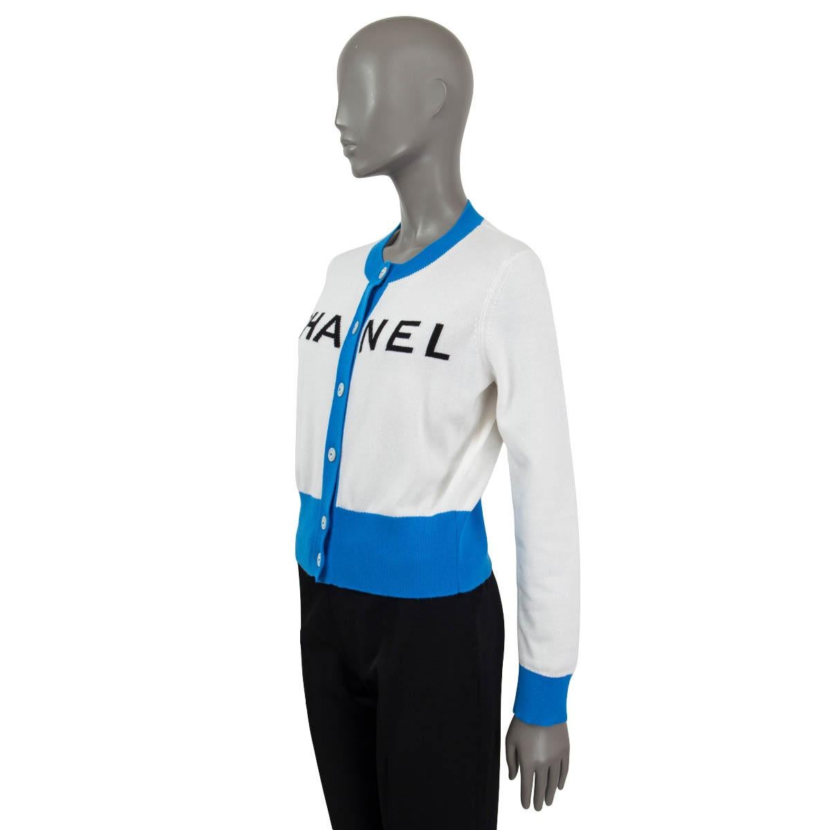 Women's CHANEL white & blue cashmere 2019 19S ICONIC LOGO Cardigan Sweater 38 S For Sale