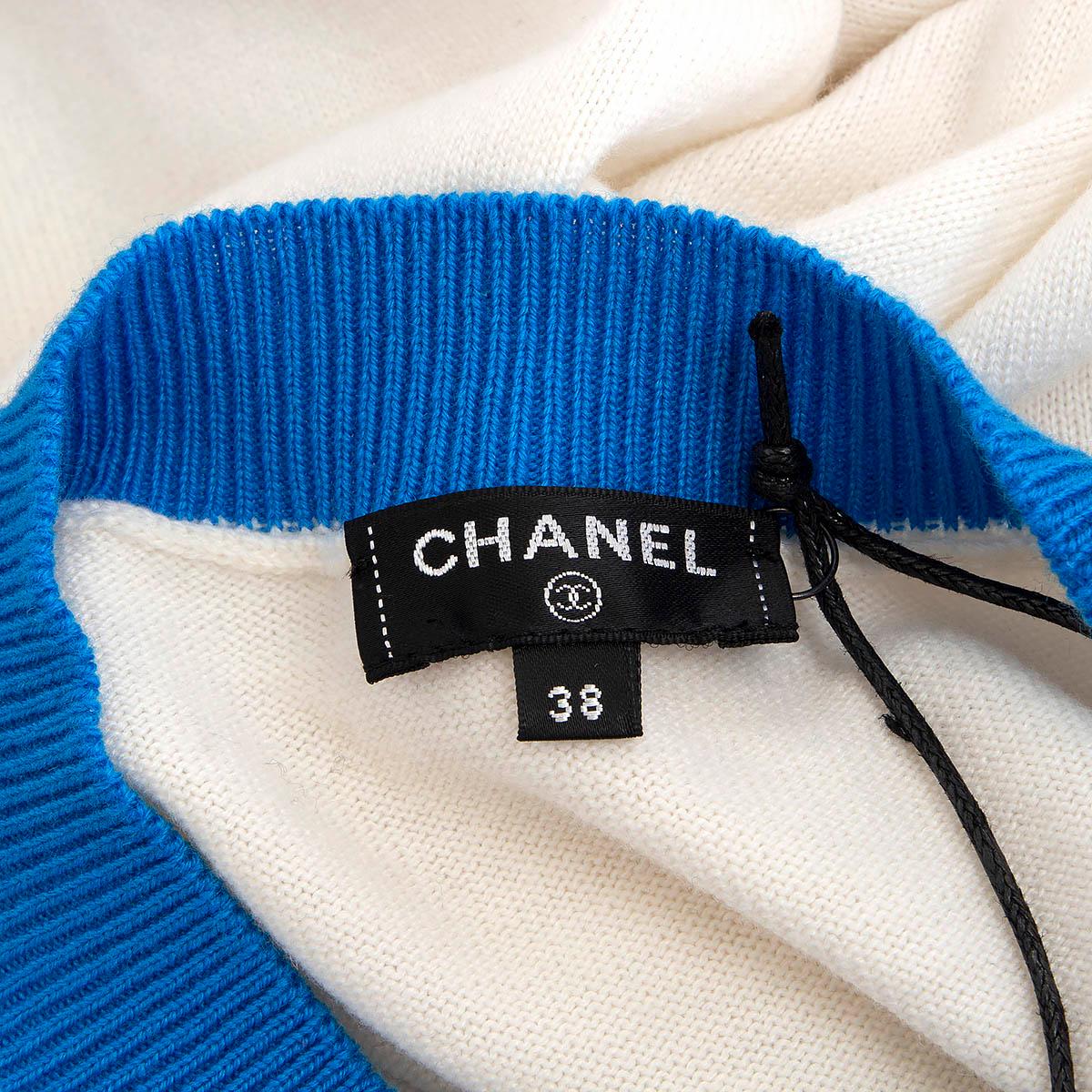 CHANEL white & blue cashmere 2019 19S ICONIC LOGO Cardigan Sweater 38 S For Sale 3