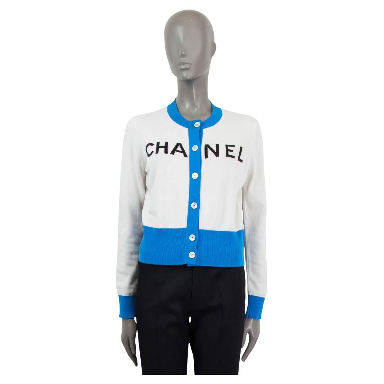 CHANEL white & blue cashmere 2019 19S ICONIC LOGO Cardigan Sweater 38 S For Sale