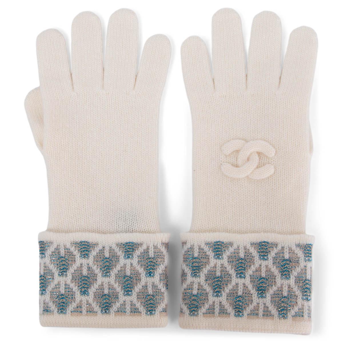 CHANEL white & blue cashmere LUREX KNIT Gloves 7