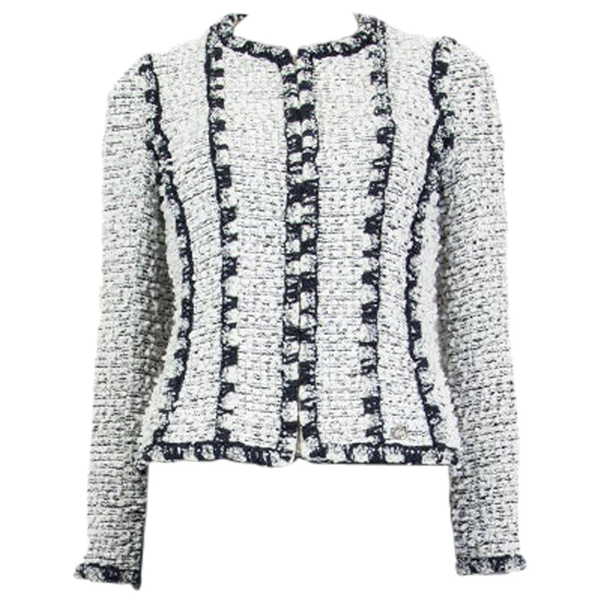 CHANEL white & blue cotton ZIP FRONT Boucle Tweed Blazer Jacket 38 S