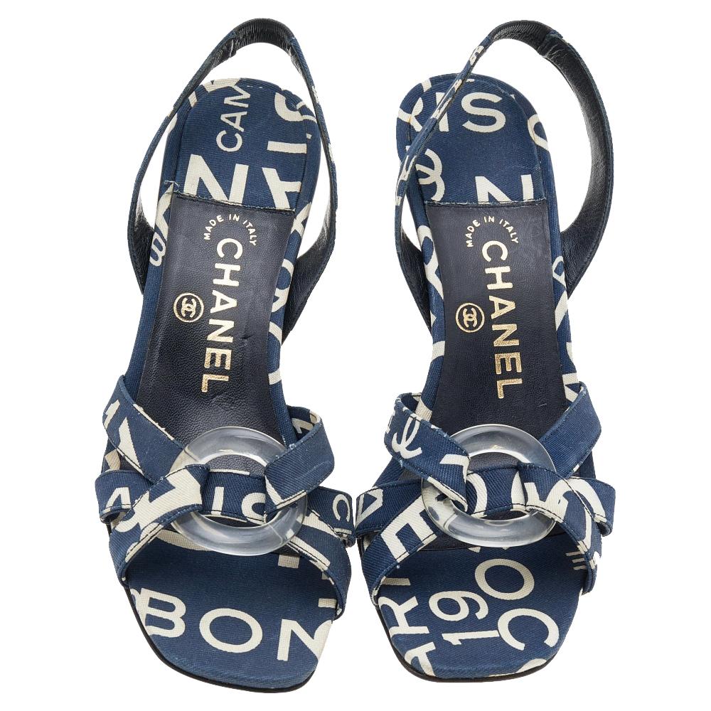 Women's Chanel White/Blue Printed Canvas Cross Strap Slingback Sandals Size 36.5