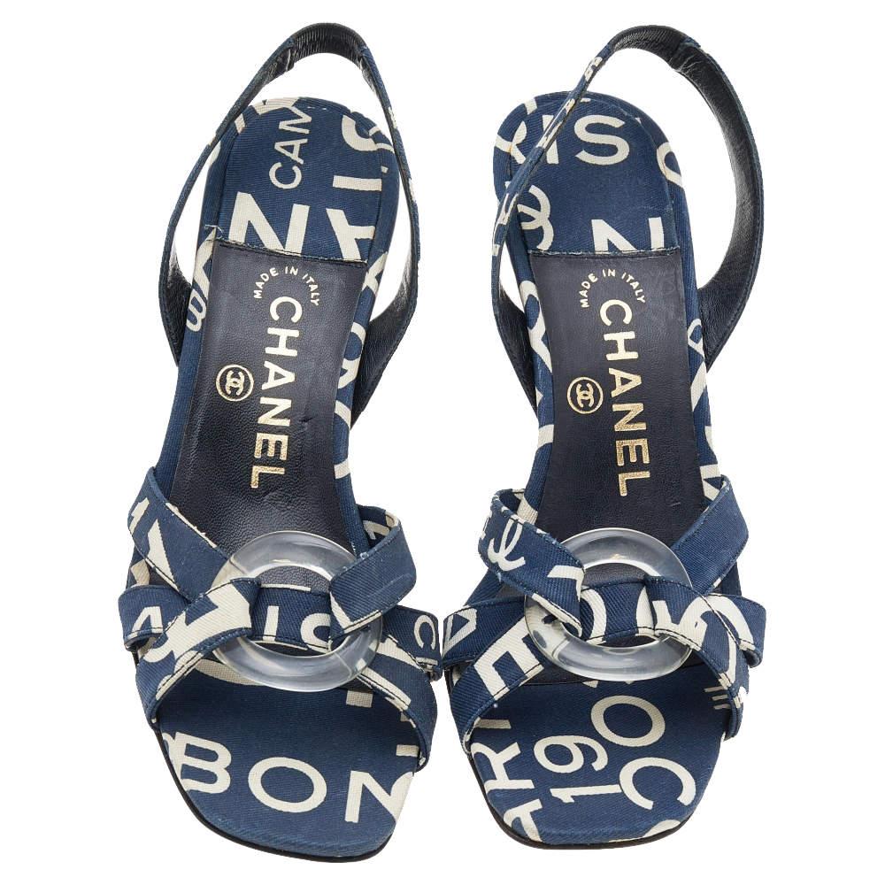 Chanel White/Blue Printed Canvas Cross Strap Slingback Sandals Size 36.5 3