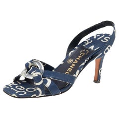 Chanel White/Blue Printed Canvas Cross Strap Slingback Sandals Size 36.5