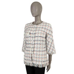 CHANEL white blue red 2018 18P FRINGE TWEED Jacket 42 L
