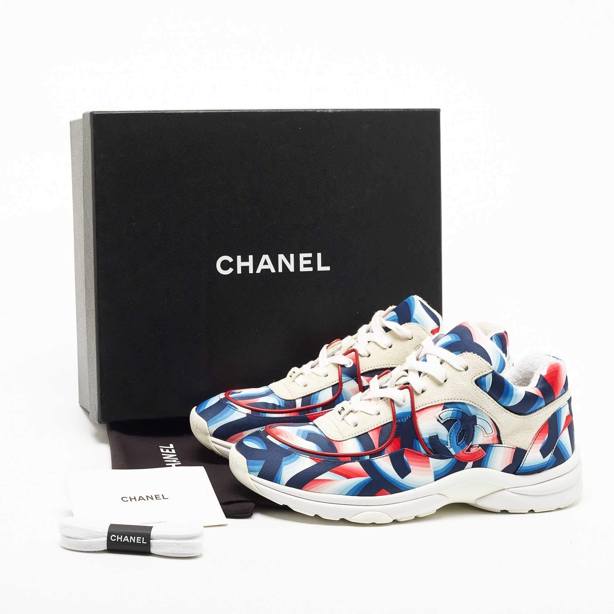 Chanel White/Blue Suede and Printed Satin CC Low Top Sneakers Size 40.5 3