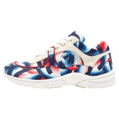 Chanel White/Blue Suede and Printed Satin CC Low Top Sneakers Size 40.5