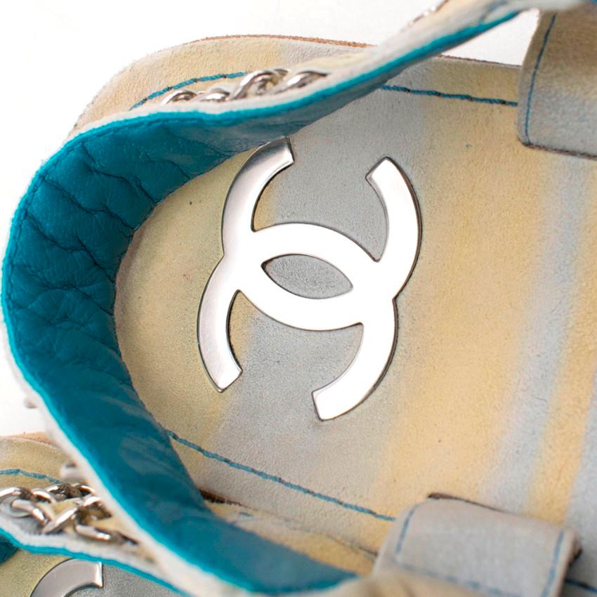 Beige Chanel White & Blue Suede Chain Strap Sandals 36