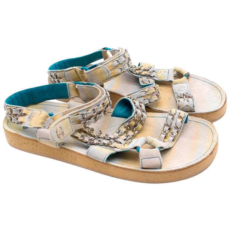 Chanel White & Blue Suede Chain Strap Sandals 36