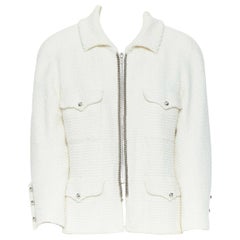 Vintage CHANEL white boucle 1piece shoulder 4 pocket 3/4 sleeve silver chain jacket FR44