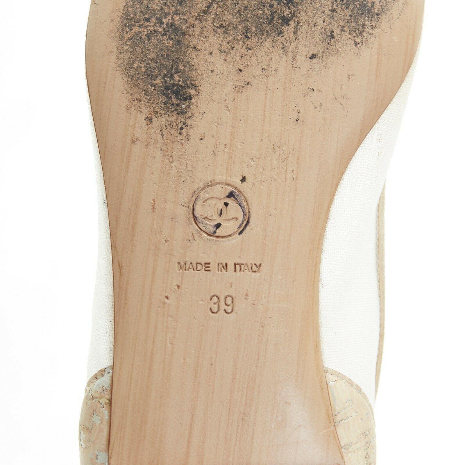 CHANEL white brown cork round toe cap CC logo flats shoes EU39 US9 UK6 6
