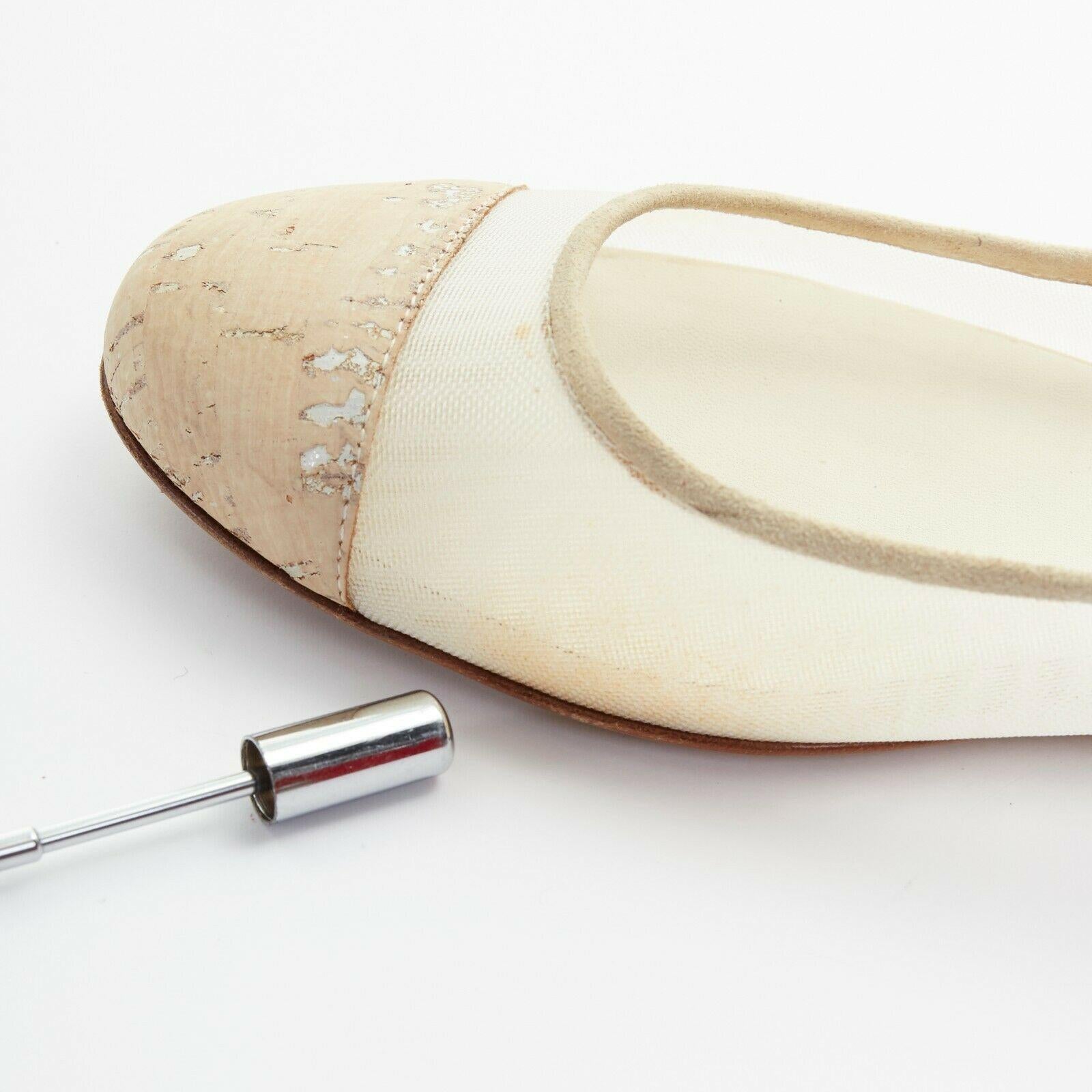 CHANEL white brown cork round toe cap CC logo flats shoes EU39 US9 UK6 7