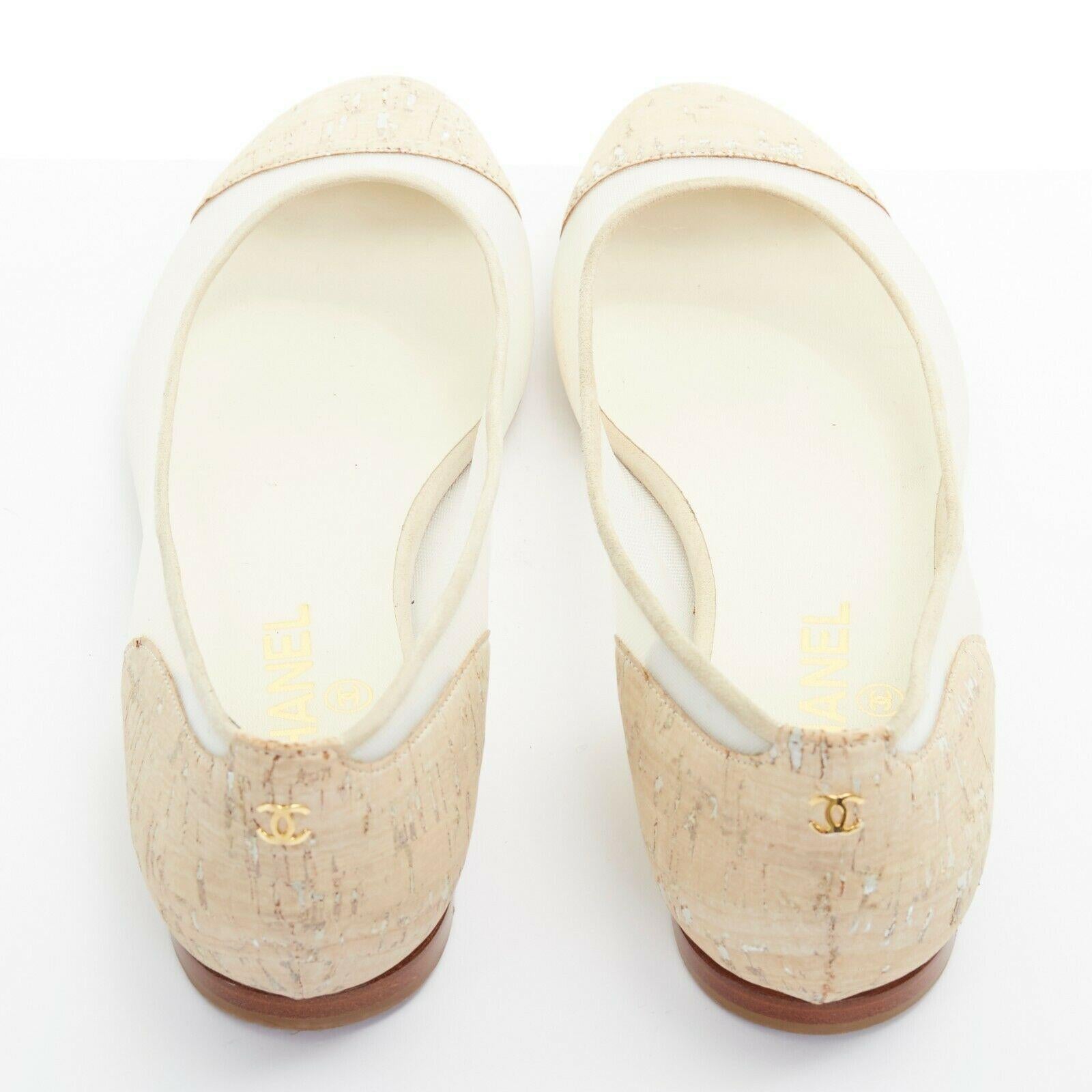 Women's CHANEL white brown cork round toe cap CC logo flats shoes EU39 US9 UK6