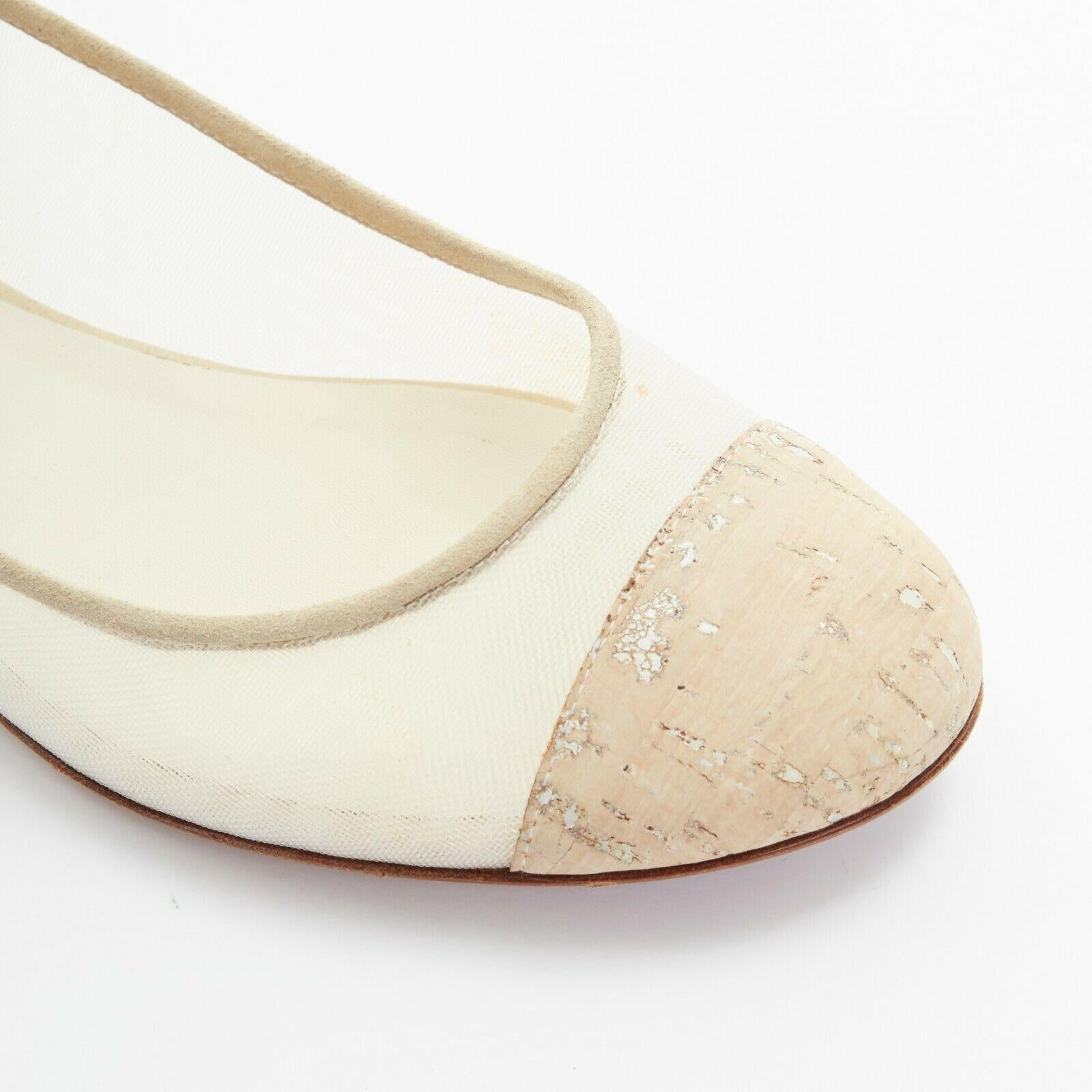 CHANEL white brown cork round toe cap CC logo flats shoes EU39 US9 UK6 3