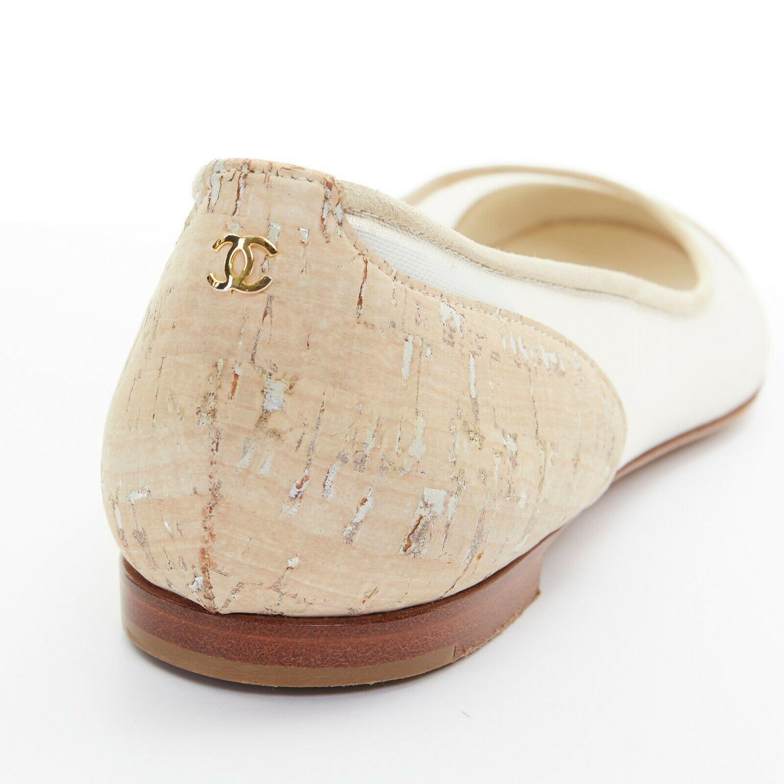CHANEL white brown cork round toe cap CC logo flats shoes EU39 US9 UK6 4