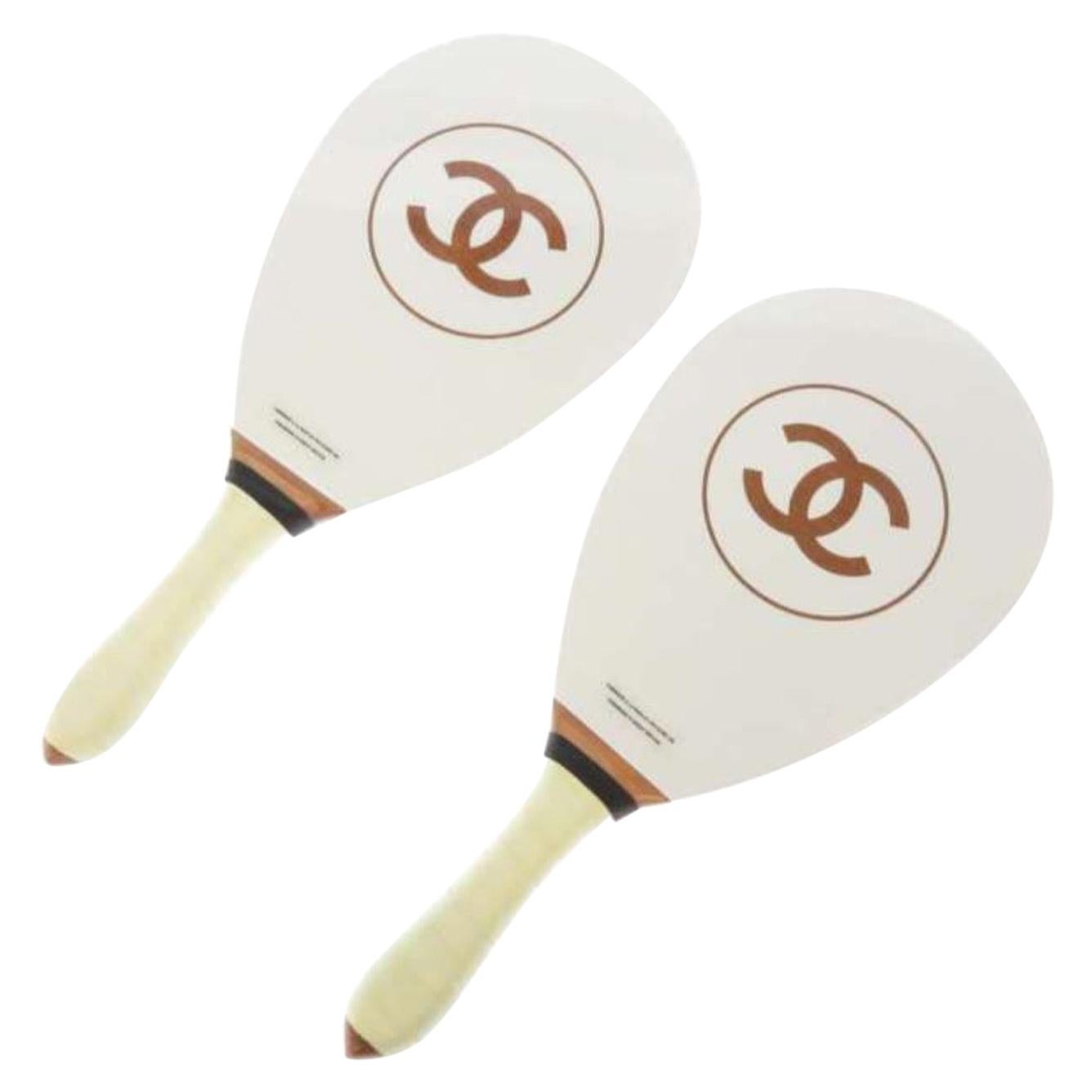 Chanel White Brown Wood Men's Women's Novelty Game Ping Pong Racquets and Balls