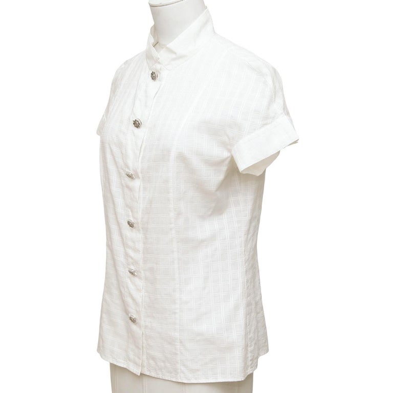 CHANEL White Button Down Blouse Shirt Top Silver CC Short Sleeve