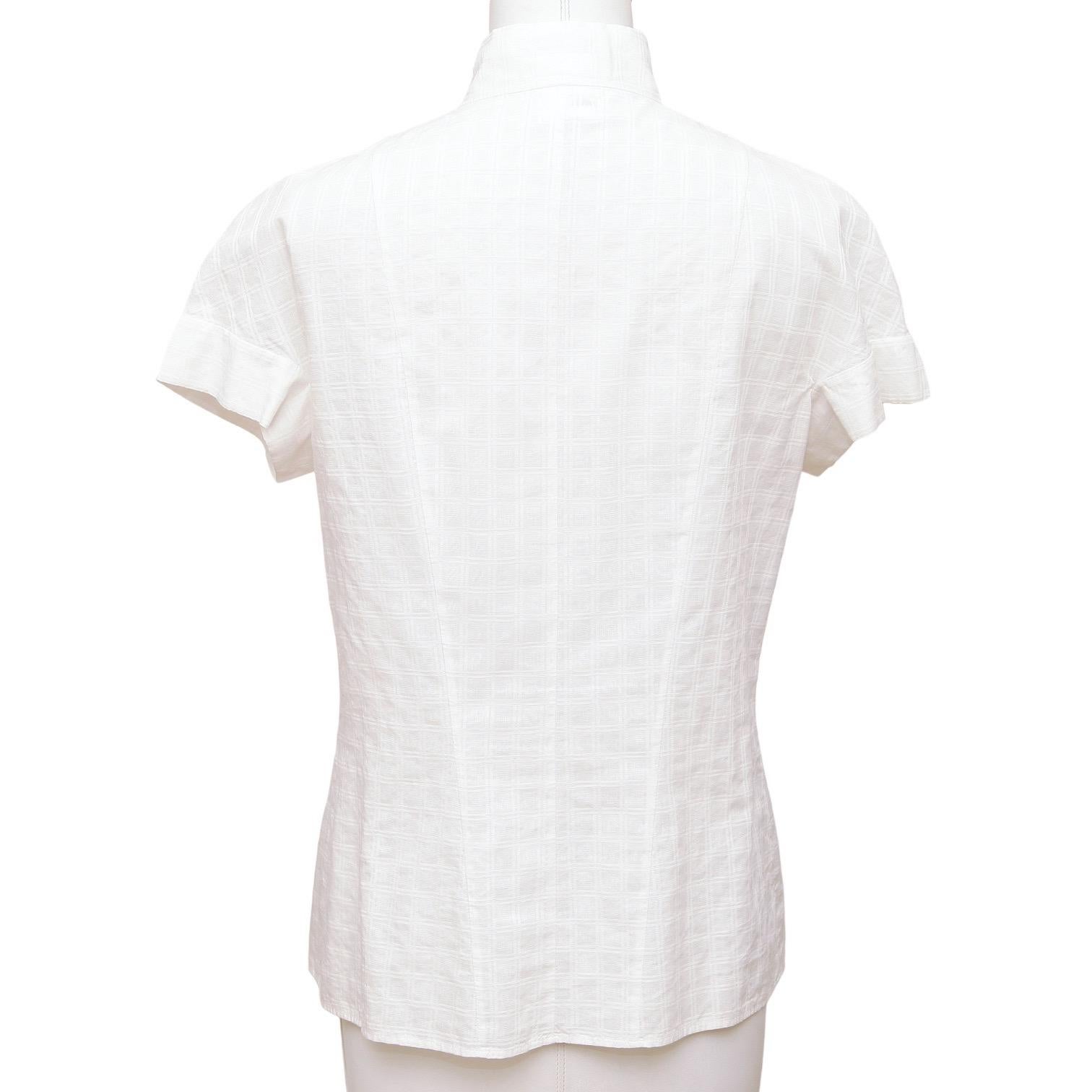 Women's CHANEL White Button Down Blouse Shirt Top Silver CC Short Sleeve Sz 40 2016
