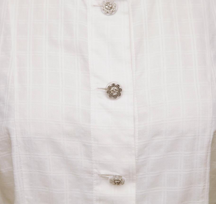 CHANEL White Button Down Blouse Shirt Top Silver CC Short Sleeve Sz 40 2016 1